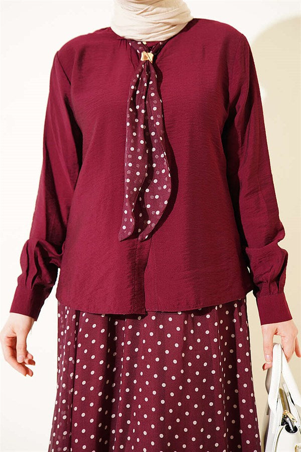 2 Piece Set with Polka Dot Skirt and Scarf, Burgundy