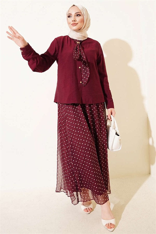 2 Piece Set with Polka Dot Skirt and Scarf, Burgundy