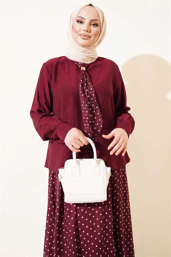 2 Piece Set with Polka Dot Skirt and Scarf, Burgundy
