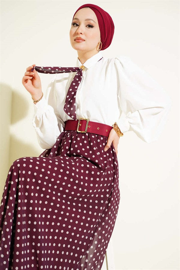 Polka Dot Skirt and Blouse 2 Piece Set in Burgundy