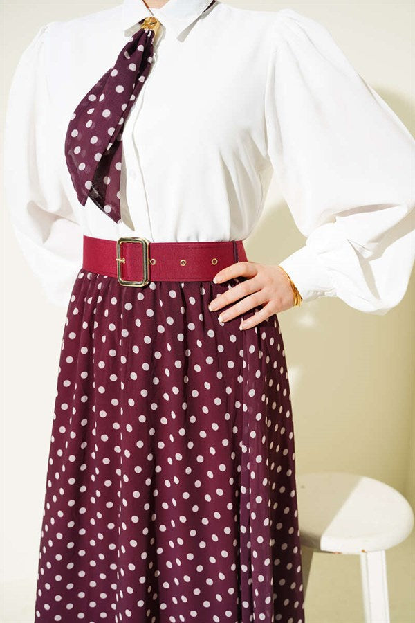 Polka Dot Skirt and Blouse 2 Piece Set in Burgundy