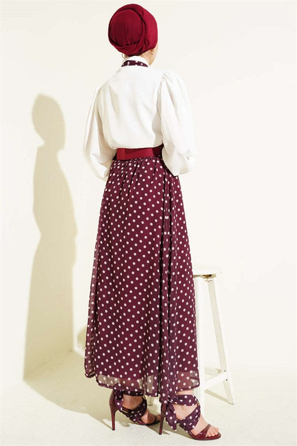 Polka Dot Skirt and Blouse 2 Piece Set in Burgundy