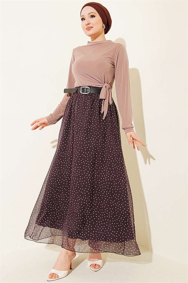 Polka Dot Skirt with Elastic Waistband and Belt, Dark Brown