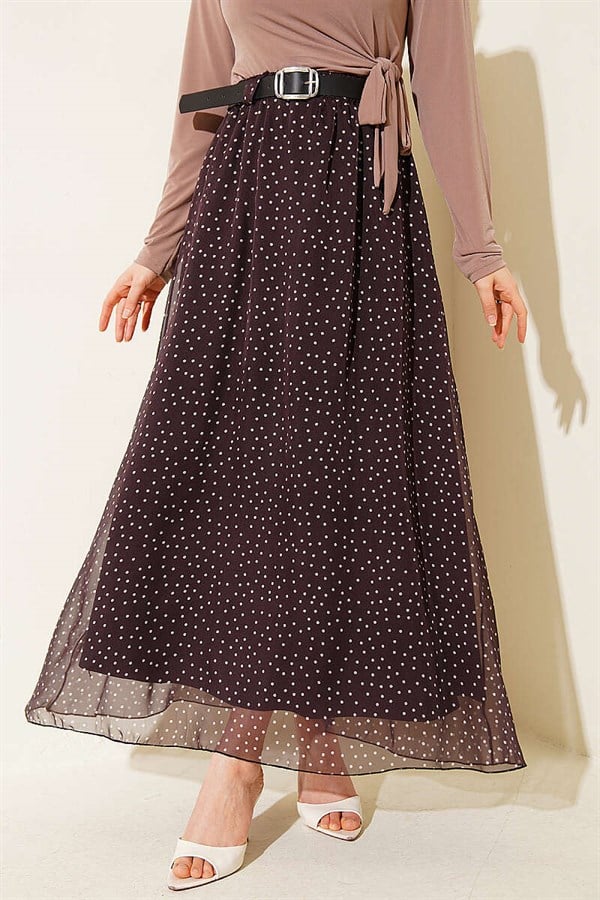 Polka Dot Skirt with Elastic Waistband and Belt, Dark Brown