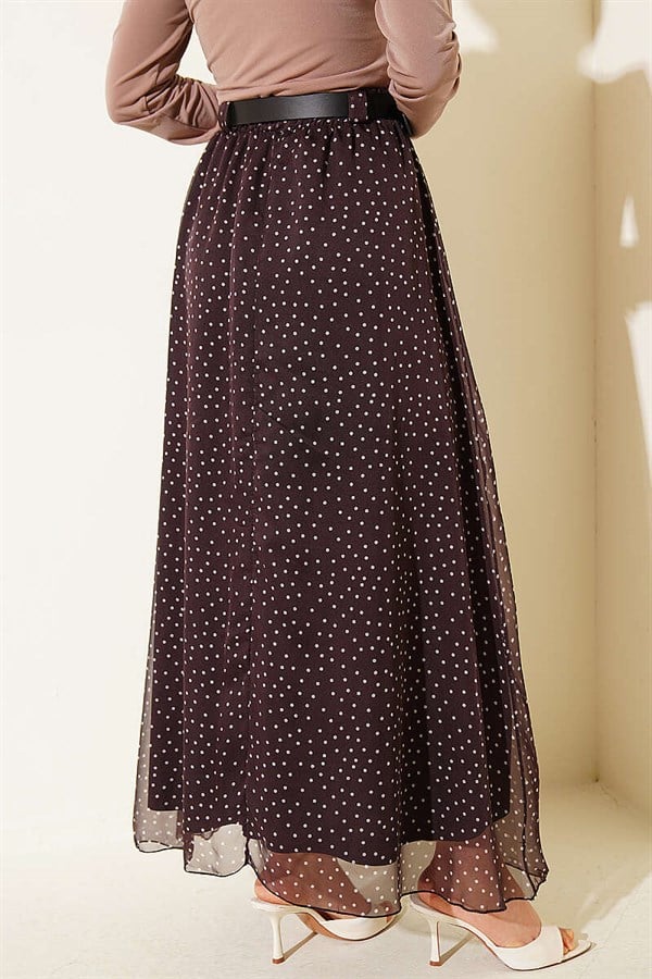 Polka Dot Skirt with Elastic Waistband and Belt, Dark Brown