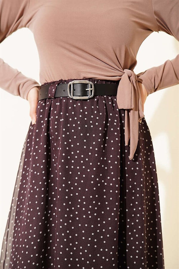 Polka Dot Skirt with Elastic Waistband and Belt, Dark Brown