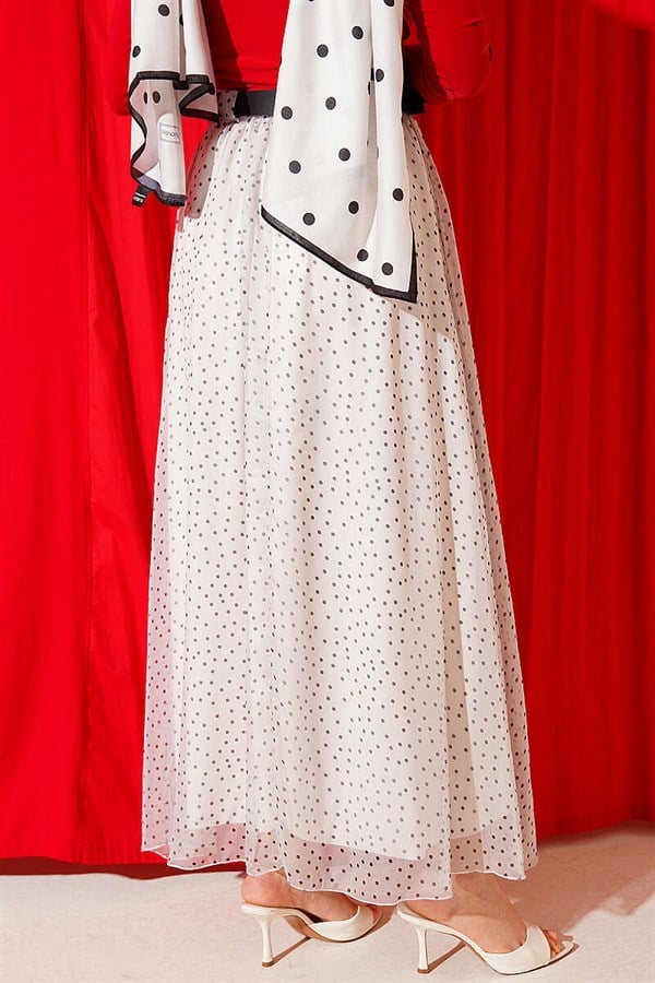 Polka Dot Skirt with Elastic Waistband and Belt, Ecru