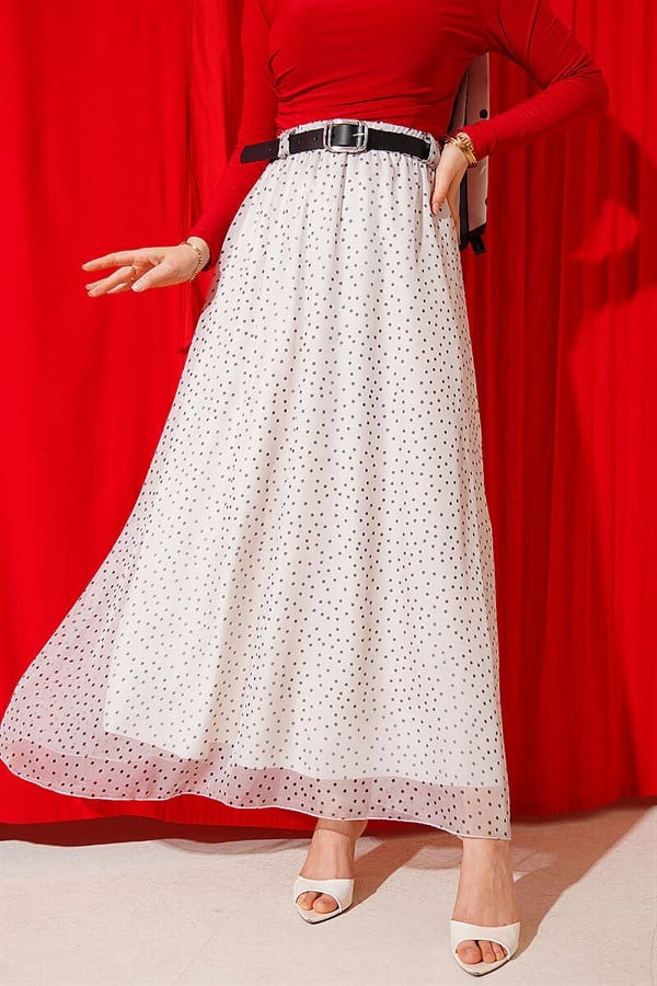 Polka Dot Skirt with Elastic Waistband and Belt, Ecru