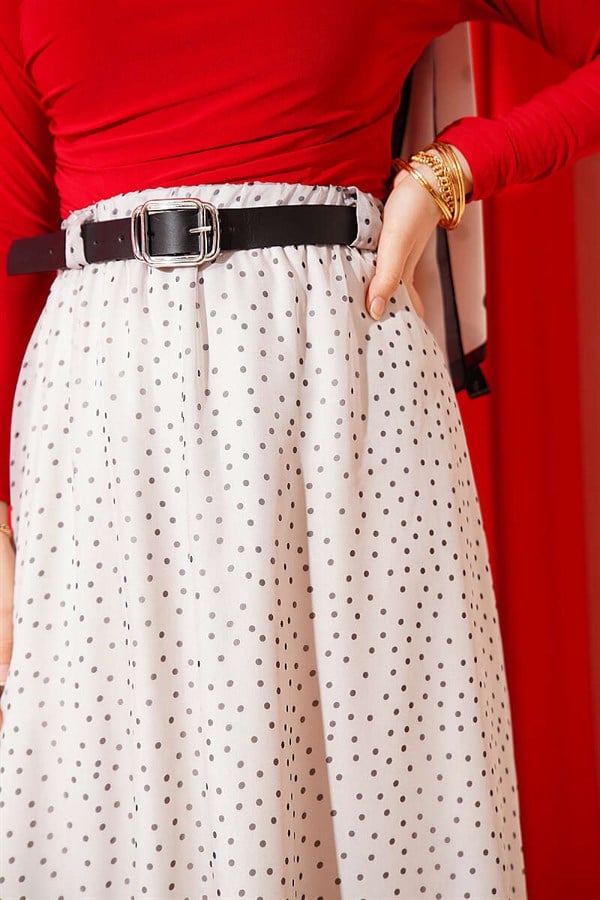 Polka Dot Skirt with Elastic Waistband and Belt, Ecru