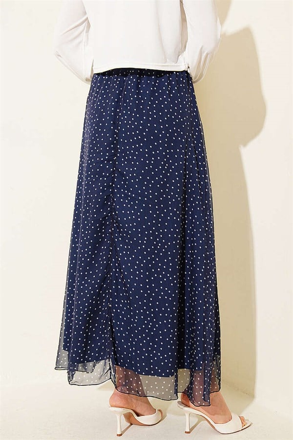 Polka Dot Skirt with Elastic Waistband and Belt, Navy Blue
