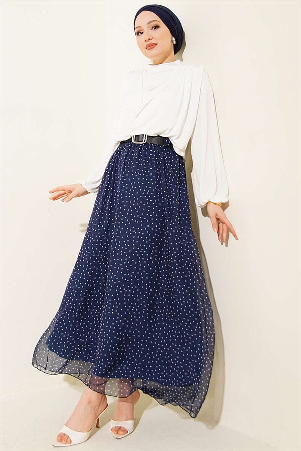 Polka Dot Skirt with Elastic Waistband and Belt, Navy Blue