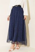 Polka Dot Skirt with Elastic Waistband and Belt, Navy Blue