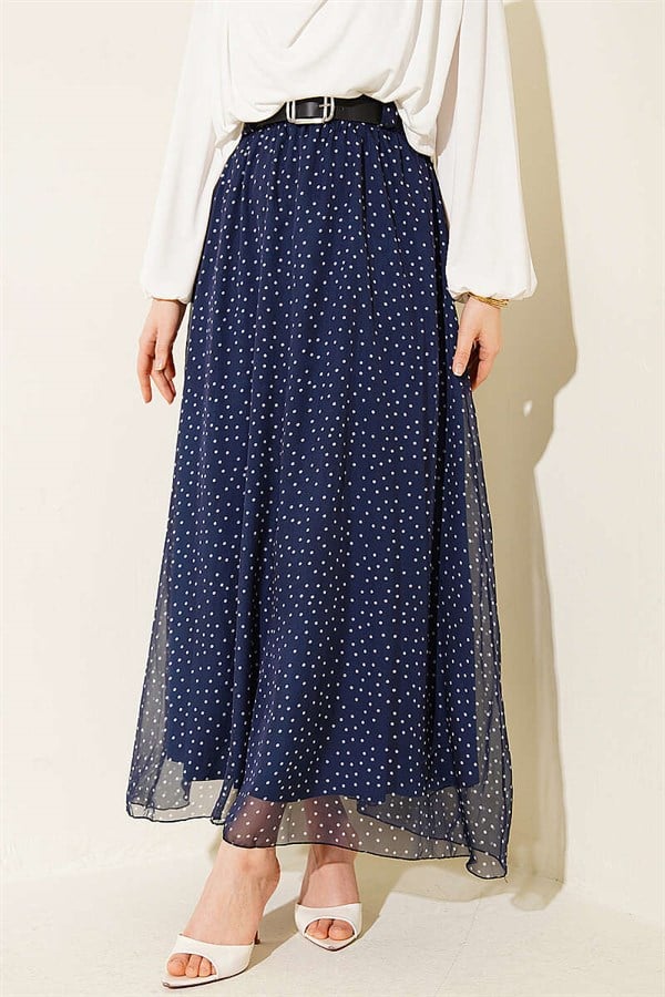 Polka Dot Skirt with Elastic Waistband and Belt, Navy Blue