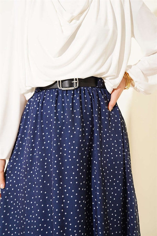 Polka Dot Skirt with Elastic Waistband and Belt, Navy Blue