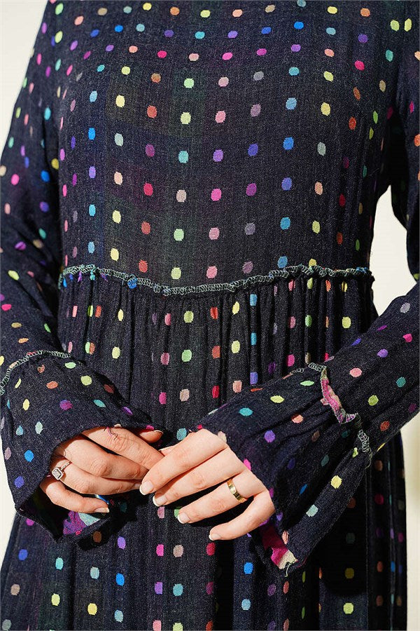 Polka Dot Crew Neck Dress Navy Blue