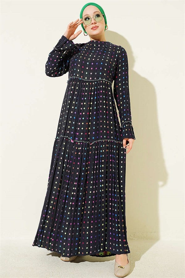 Polka Dot Crew Neck Dress Navy Blue