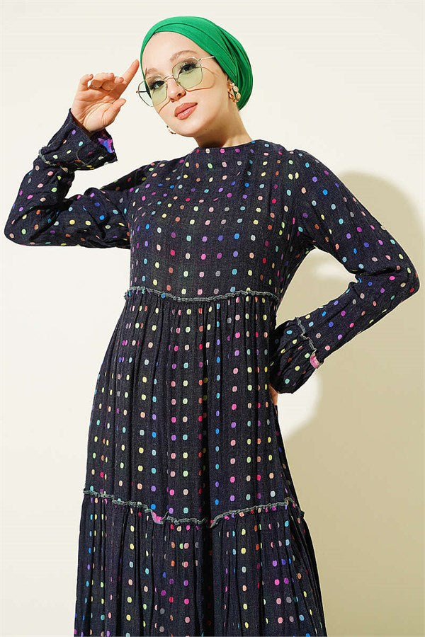 Polka Dot Crew Neck Dress Navy Blue