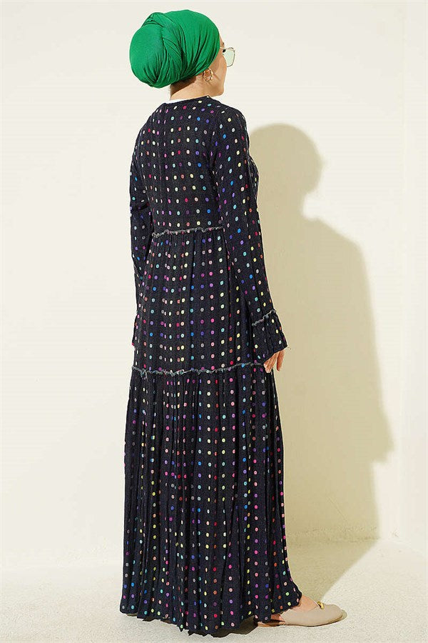 Polka Dot Crew Neck Dress Navy Blue