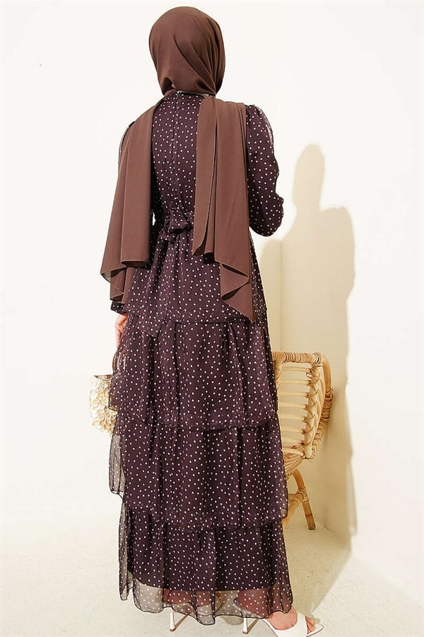 Polka Dot Layered Chiffon Dress in Dark Brown