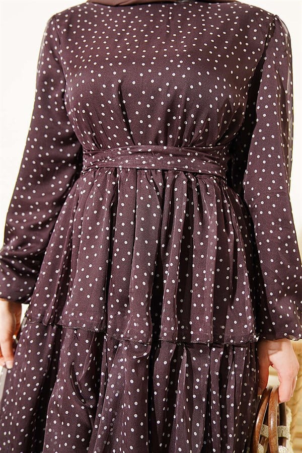 Polka Dot Layered Chiffon Dress in Dark Brown