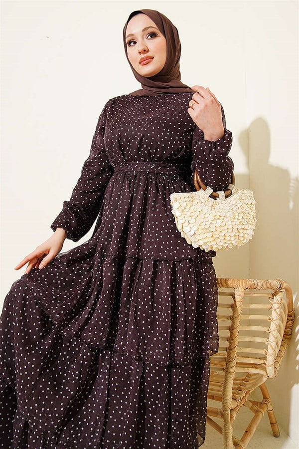 Polka Dot Layered Chiffon Dress in Dark Brown