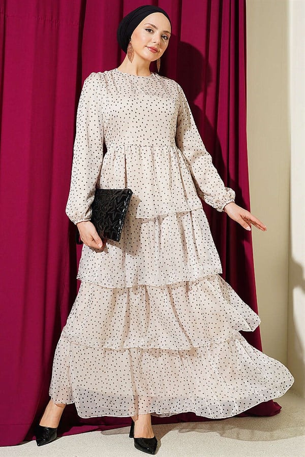 Polka Dot Layered Chiffon Dress, Beige