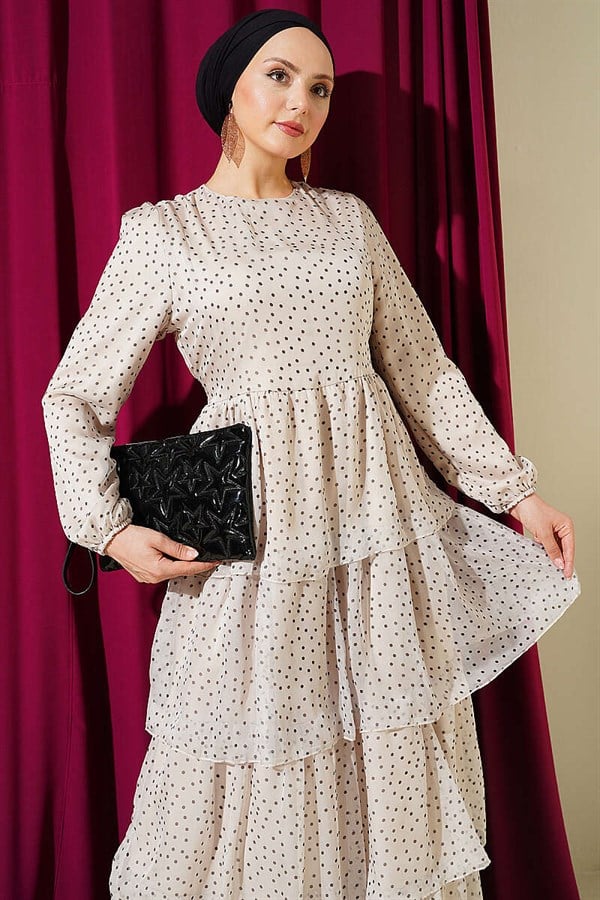 Polka Dot Layered Chiffon Dress, Beige