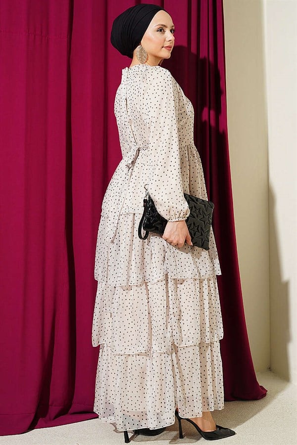 Polka Dot Layered Chiffon Dress, Beige