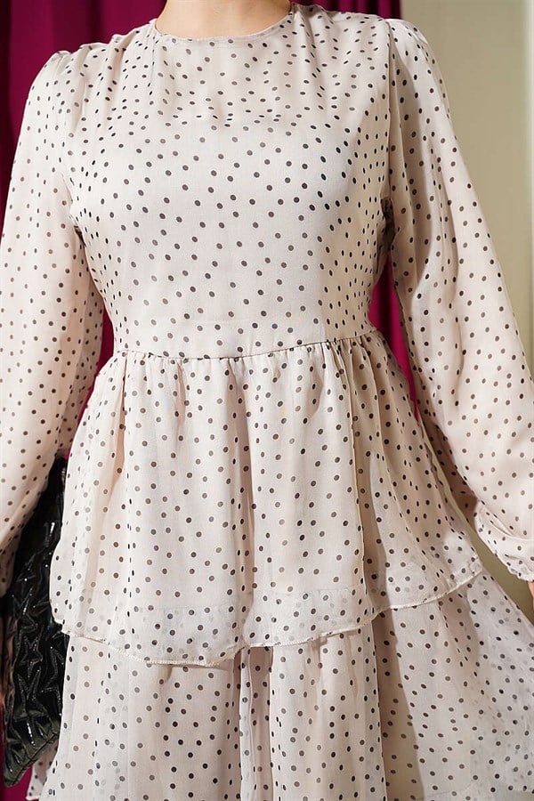 Polka Dot Layered Chiffon Dress, Beige