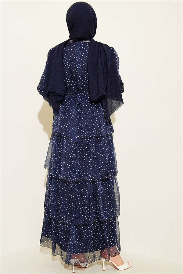 Navy Blue Layered Polka Dot Chiffon Dress