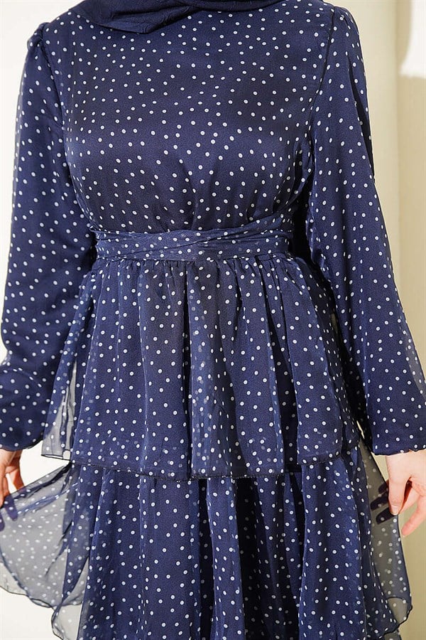 Navy Blue Layered Polka Dot Chiffon Dress