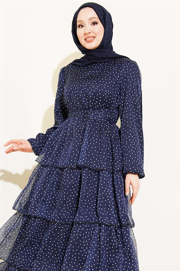 Navy Blue Layered Polka Dot Chiffon Dress