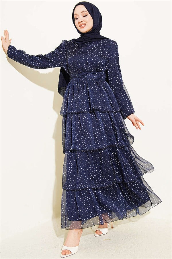 Navy Blue Layered Polka Dot Chiffon Dress