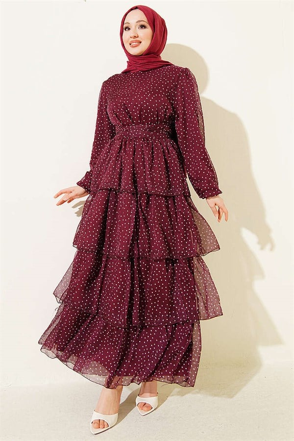 Polka Dot Layered Chiffon Dress in Plum