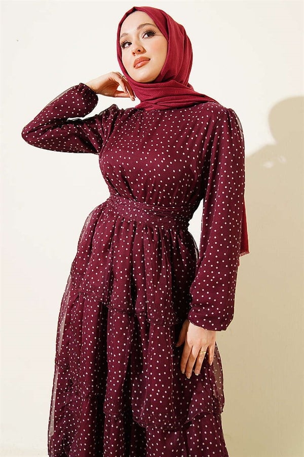 Polka Dot Layered Chiffon Dress in Plum