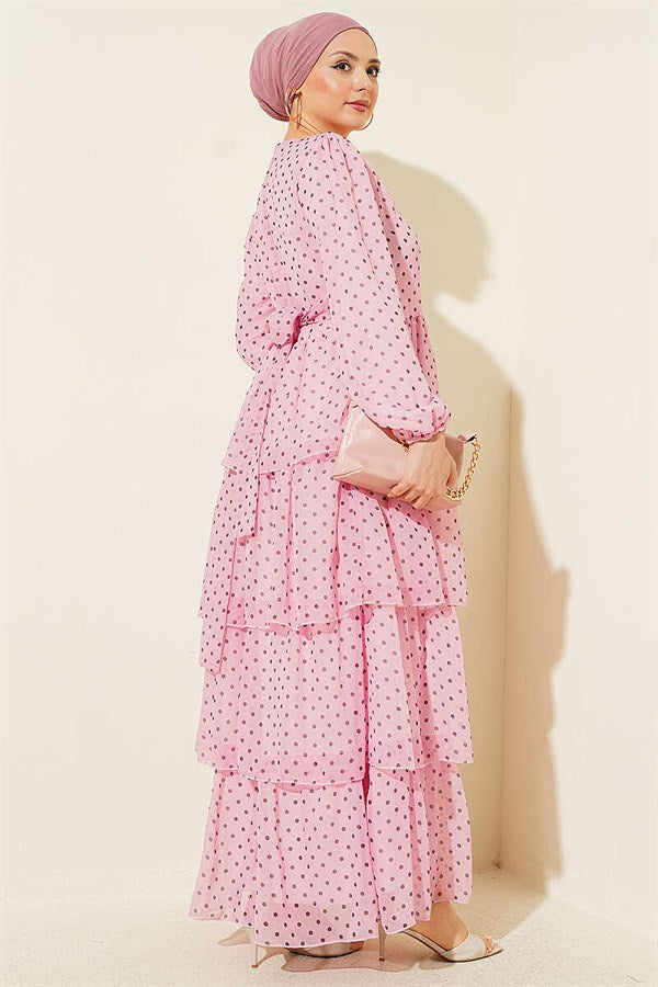 Pink Polka Dot Layered Chiffon Dress