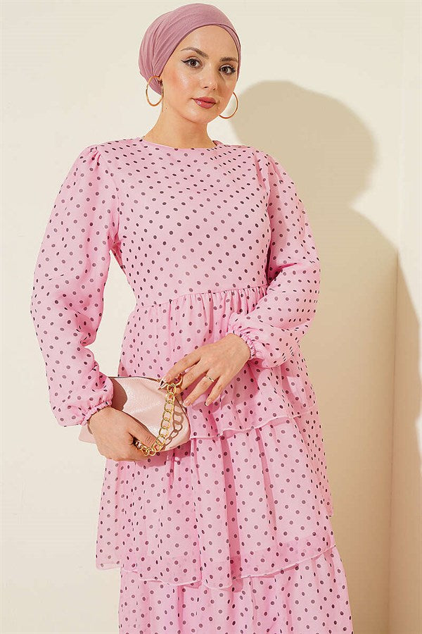Pink Polka Dot Layered Chiffon Dress