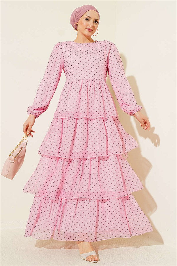 Pink Polka Dot Layered Chiffon Dress