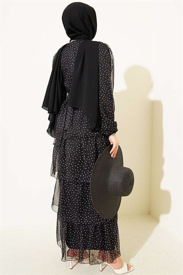 Polka Dot Layered Chiffon Dress, Black