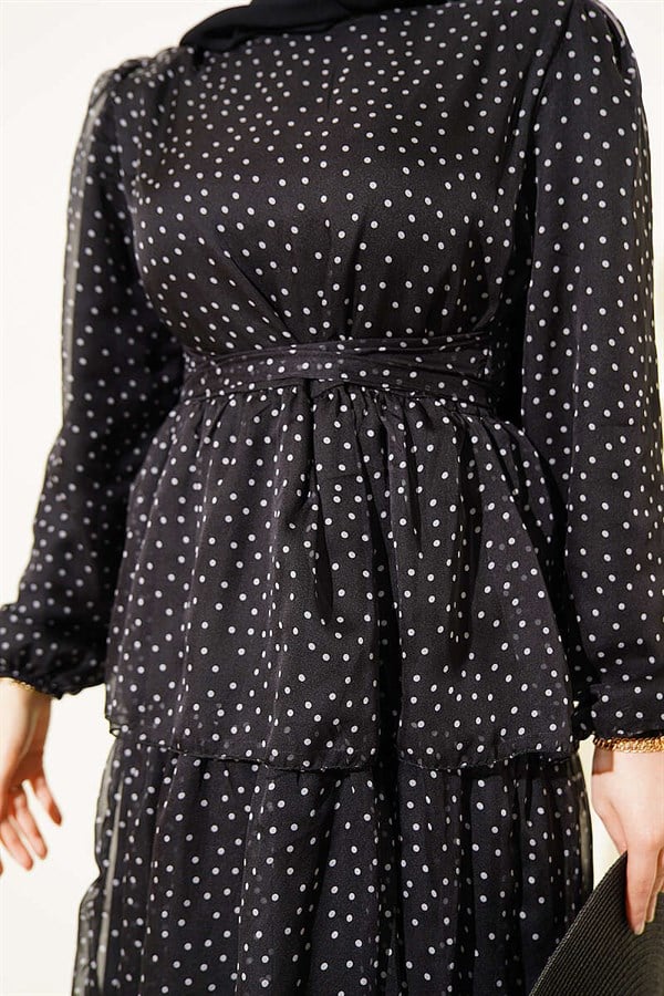 Polka Dot Layered Chiffon Dress, Black
