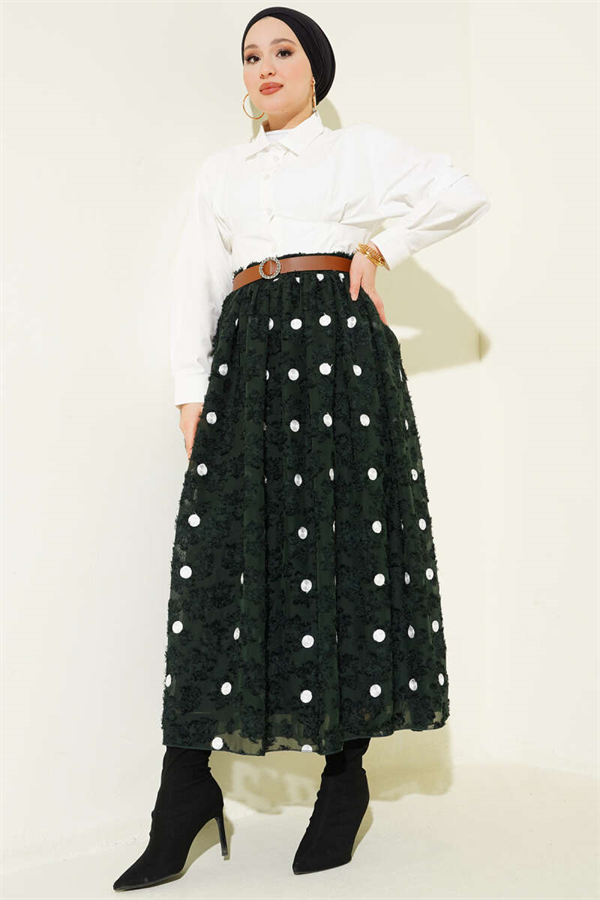 Polka Dot Belted Skirt, Khaki