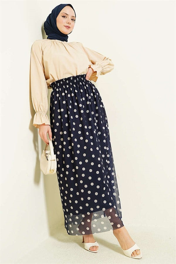 Polka Dot Chiffon Skirt Navy Blue