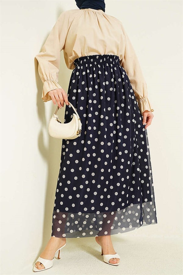 Polka Dot Chiffon Skirt Navy Blue