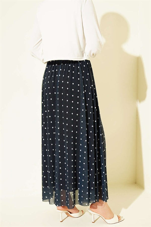 Polka Dot Tulle Flared Skirt Navy Blue