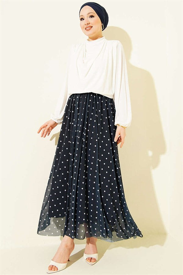 Polka Dot Tulle Flared Skirt Navy Blue