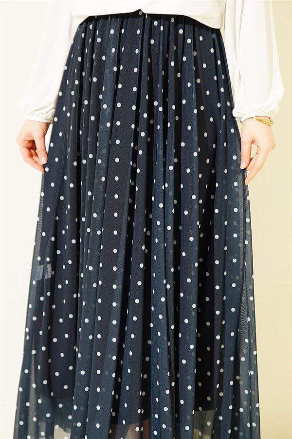 Polka Dot Tulle Flared Skirt Navy Blue