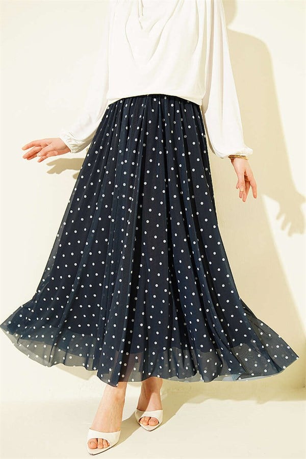 Polka Dot Tulle Flared Skirt Navy Blue