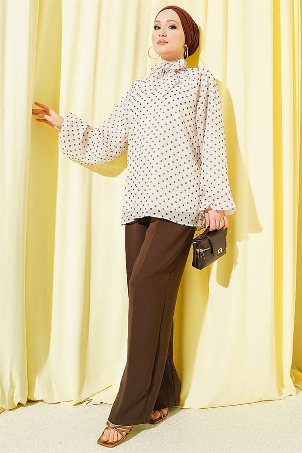 Polka Dot Tie-Neck Chiffon Tunic, Beige