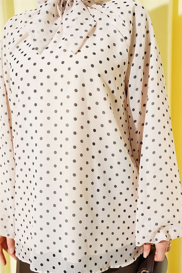 Polka Dot Tie-Neck Chiffon Tunic, Beige