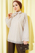 Polka Dot Tie-Neck Chiffon Tunic, Beige